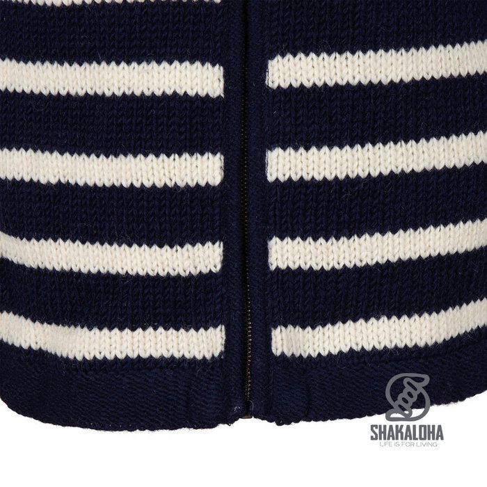 Shakaloha Shakaloha Knitted Wool Cardigan Breton Ziphood Navy Blue White with Fleece Lining and Detachable Hood - Women - Handmade in Nepal from Sheep Wool
