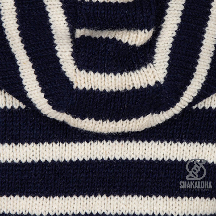 Shakaloha Cardigan tricoté en laine Shakaloha, style breton, zippé, bleu marine et blanc, avec doublure polaire et capuche amovible - Femme - Fabriqué au Népal en laine de mouton