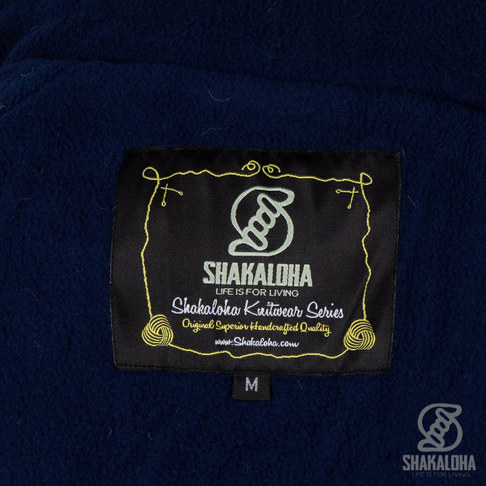 Shakaloha Shakaloha Knitted Wool Cardigan Breton Ziphood Navy Blue White with Fleece Lining and Detachable Hood - Women - Handmade in Nepal from Sheep Wool