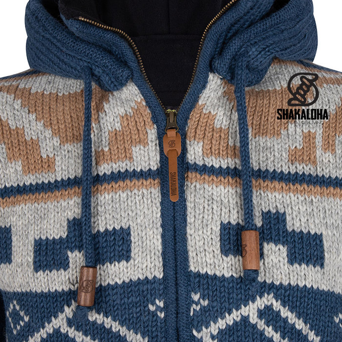 Shakaloha Warme, farbenfrohe Wolljacke / Strickjacke mit abnehmbarer Kapuze M Horizon ZH BlueBrown
