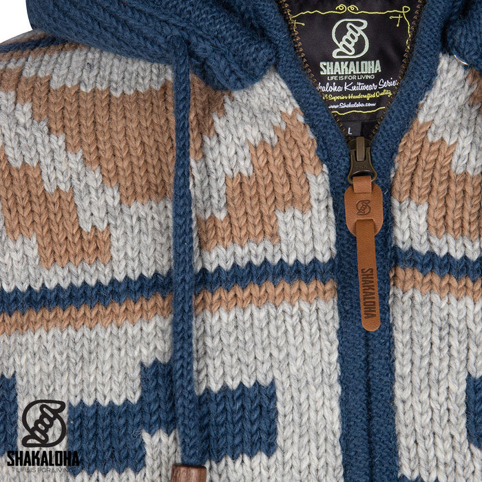 Shakaloha Warme, farbenfrohe Wolljacke / Strickjacke mit abnehmbarer Kapuze M Horizon ZH BlueBrown