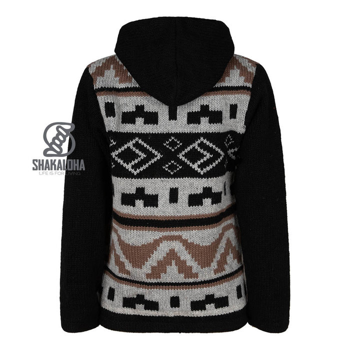 Shakaloha Wolljacke aus 100 % Schurwolle mit Futter aus recyceltem Polyester M Horizon ZH schwarz braun grau