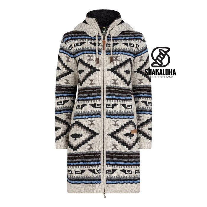 Shakaloha Beige-blaue Inca-Kapuzenjacke mit durchgehendem Reißverschluss für Damen