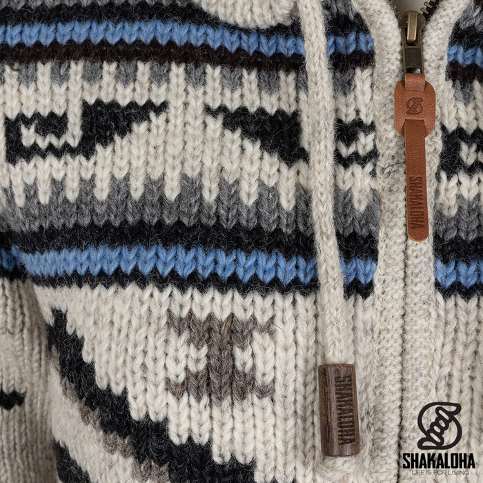 Shakaloha Beige-blaue Inca-Kapuzenjacke mit durchgehendem Reißverschluss für Damen