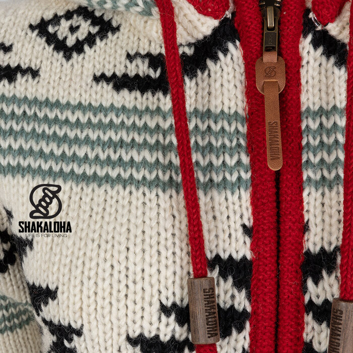 Shakaloha Damen Lonkey BeigeRoter Strickmantel aus Wolle