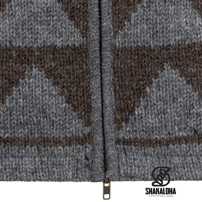 Shakaloha Cárdigan de punto de lana gris y marrón con capucha y cremallera Pendle para mujer