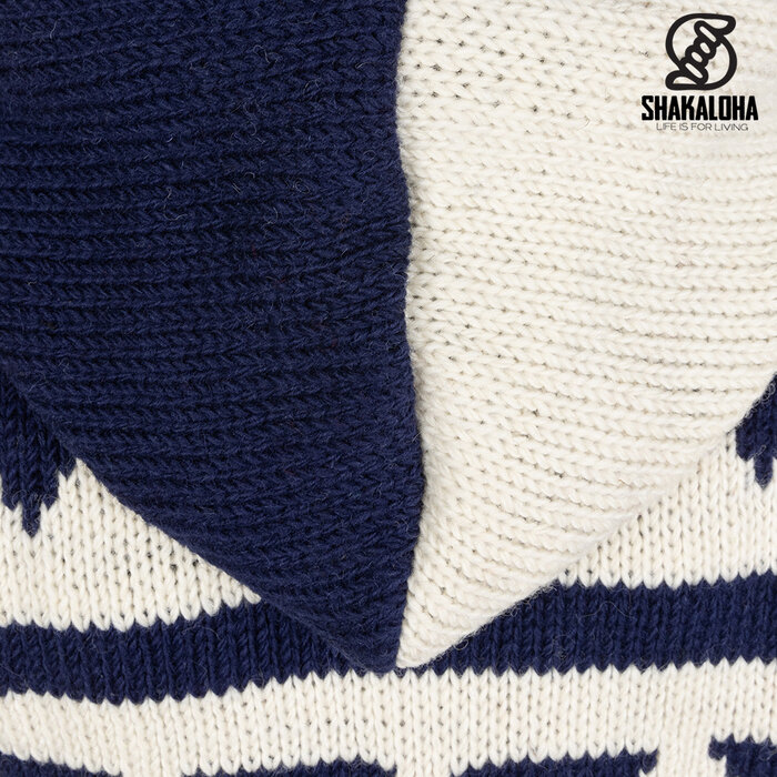 Shakaloha Cárdigan de punto de lana azul marino y blanco con capucha y cremallera Pendle para mujer