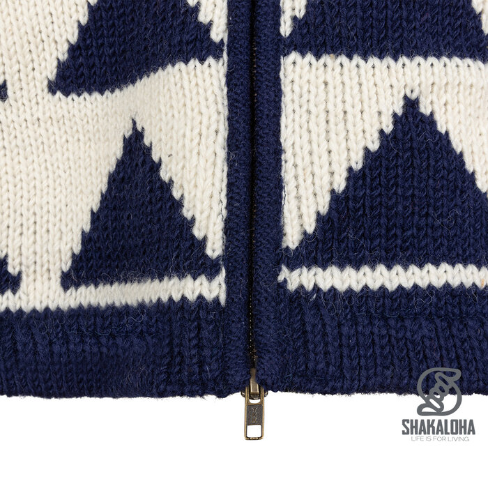Shakaloha Cárdigan de punto de lana azul marino y blanco con capucha y cremallera Pendle para mujer