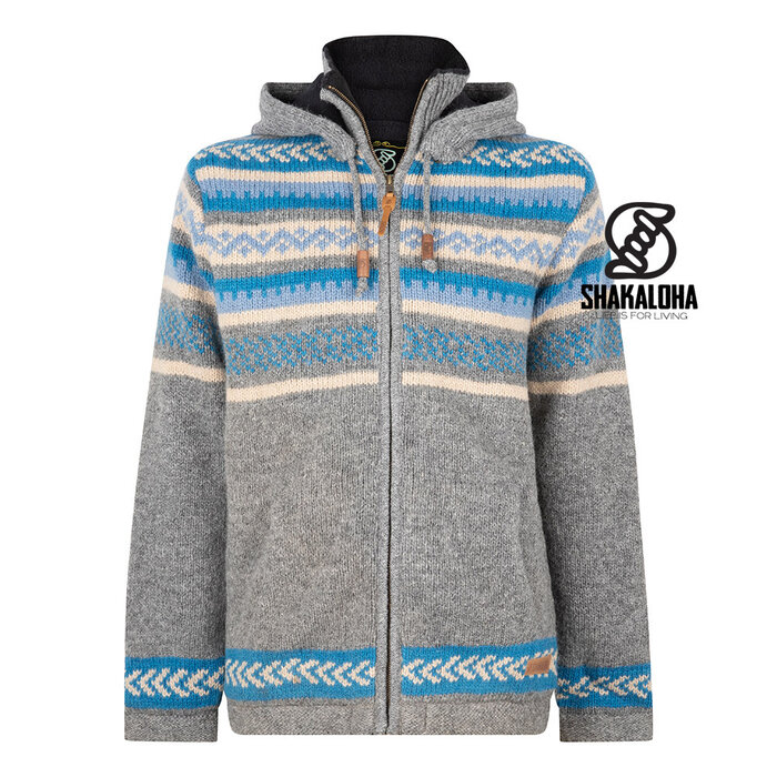 Shakaloha Gilet in lana lavorata a maglia Shakaloha Dugle Gris con fodera in pile Teddy e cappuccio - Uomo/Uniforme - Fatto a mano in Nepal con lana di pecora