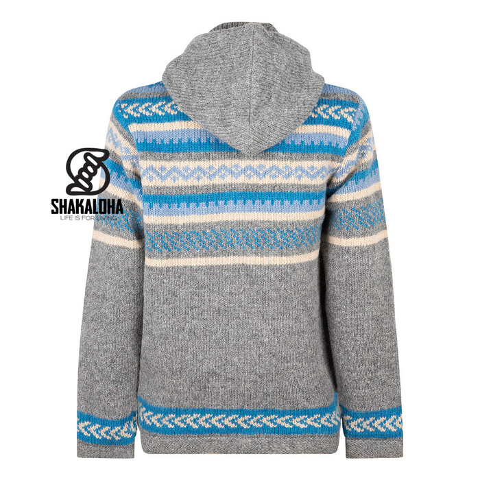Shakaloha Gilet in lana lavorata a maglia Shakaloha Dugle Gris con fodera in pile Teddy e cappuccio - Uomo/Uniforme - Fatto a mano in Nepal con lana di pecora