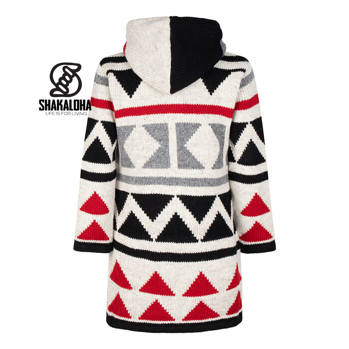 Shakaloha Cárdigan de punto de lana con capucha y cremallera Pendle para mujer, color beige, rojo y gris