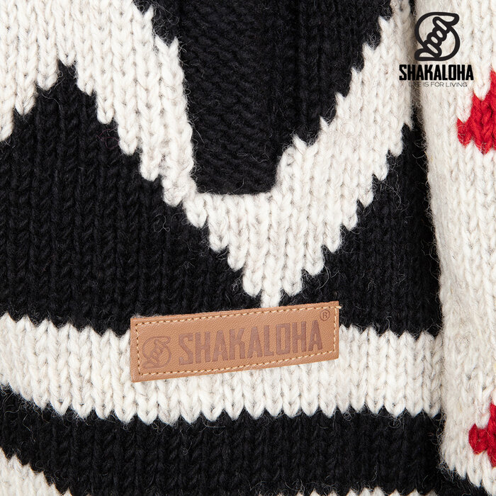 Shakaloha Cárdigan de punto de lana con capucha y cremallera Pendle para mujer, color beige, rojo y gris