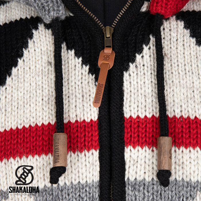 Shakaloha Cárdigan de punto de lana con capucha y cremallera Pendle para mujer, color beige, rojo y gris