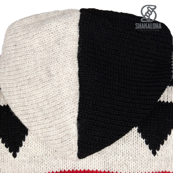 Shakaloha Cárdigan de punto de lana con capucha y cremallera Pendle para mujer, color beige, rojo y gris