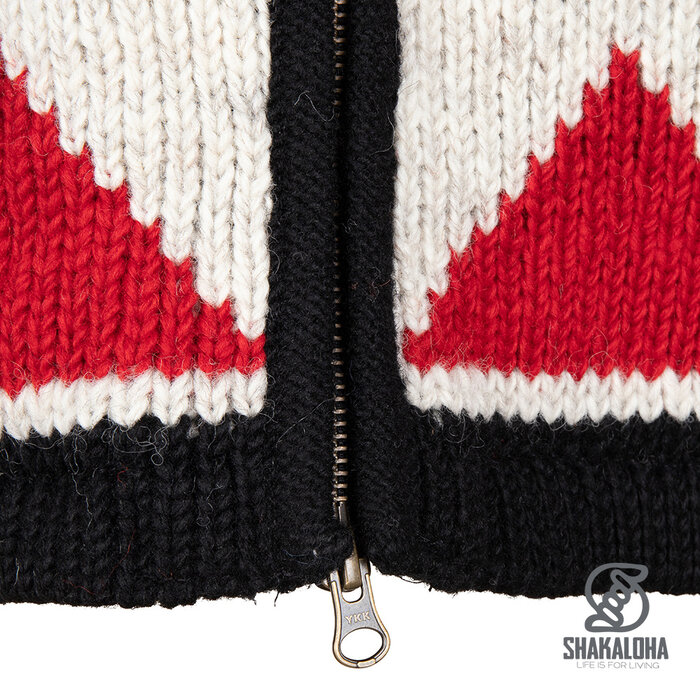 Shakaloha Cárdigan de punto de lana con capucha y cremallera Pendle para mujer, color beige, rojo y gris