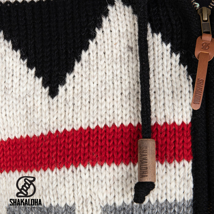 Shakaloha Cárdigan de punto de lana con capucha y cremallera Pendle para mujer, color beige, rojo y gris