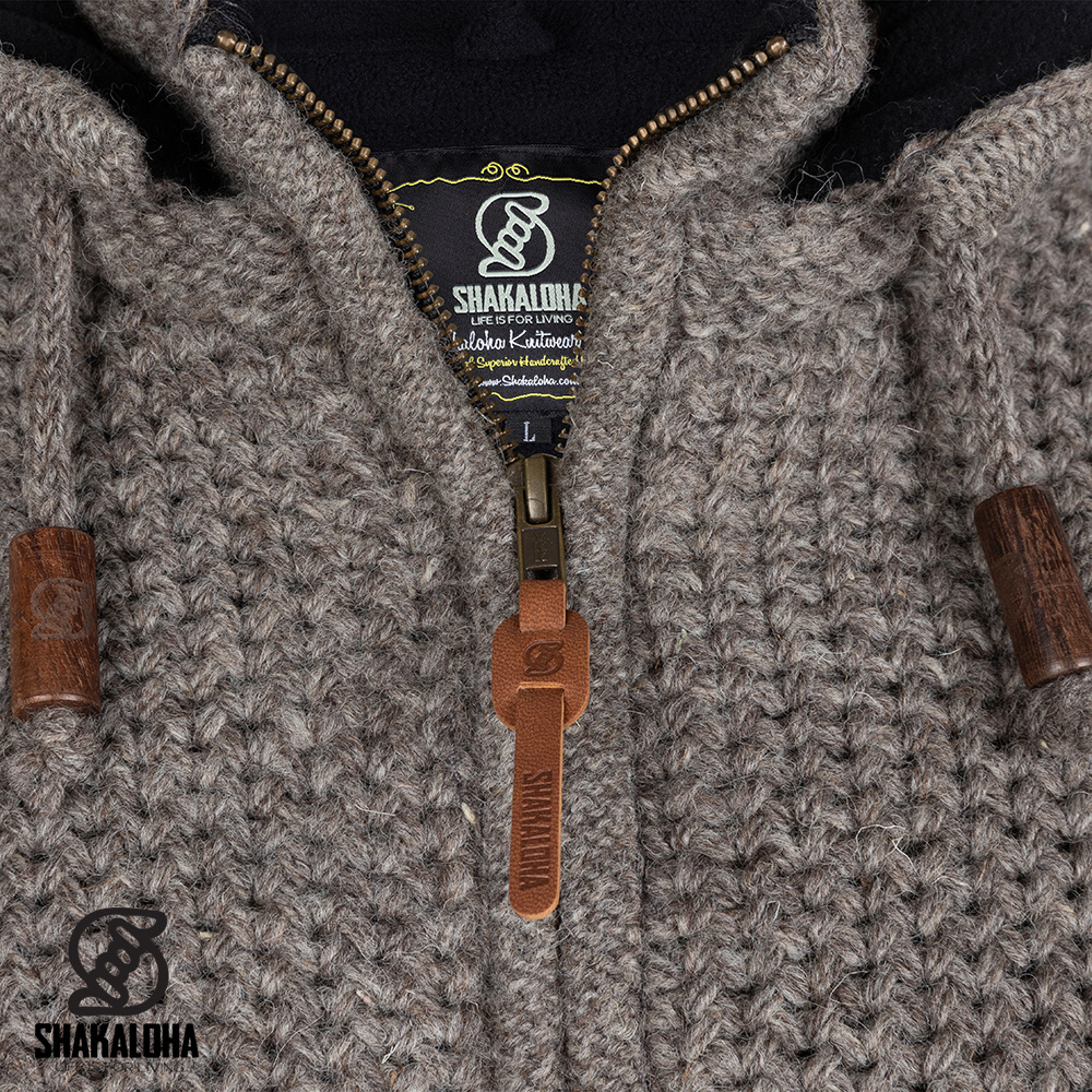 Shakaloha Shakaloha Knitted Woolen Jacket Maverick ZH Light Brown Taupe with Fleece Lining and Detachable Hood - Men - Unisex - Handmade in Nepal from sheep's wool