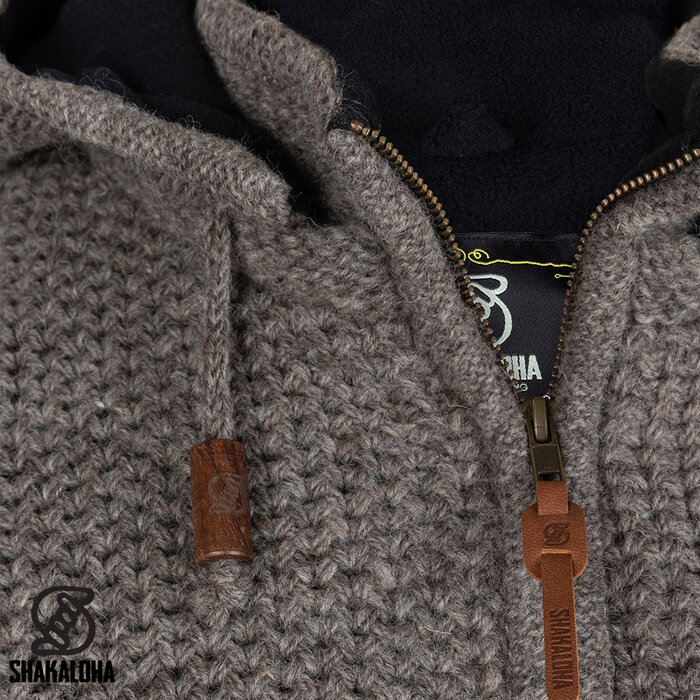 Shakaloha Shakaloha Knitted Woolen Jacket Maverick ZH Light Brown Taupe with Fleece Lining and Detachable Hood - Men - Unisex - Handmade in Nepal from sheep's wool