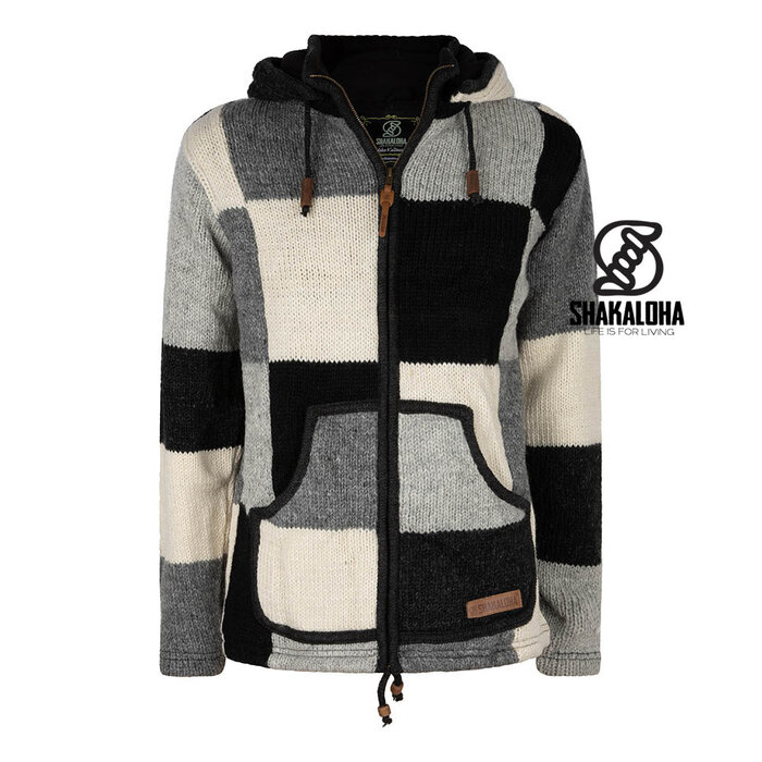 Shakaloha Shakaloha Patch Hoodie ZH Black/White – handgemaakt wollen vest met fleece en YKK‑rits (zwart/wit/grijs)