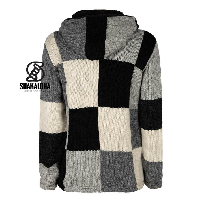 Shakaloha Shakaloha Patch Hoodie ZH Black/White – handgemaakt wollen vest met fleece en YKK‑rits (zwart/wit/grijs)