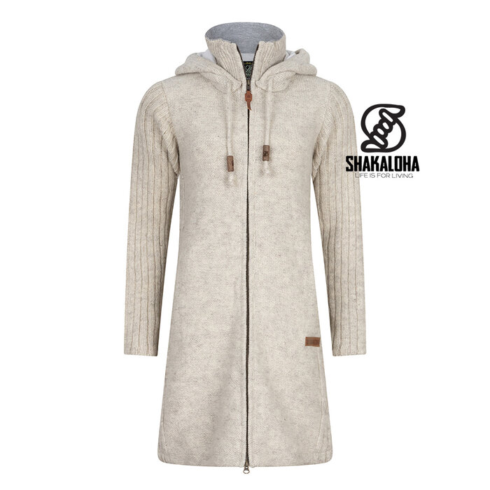 Shakaloha Chaleco de punto de lana Shakaloha Supermodelo ZH beige crema con forro de algodón y capucha desmontable - Mujer - Hecho a mano en Nepal con lana de oveja