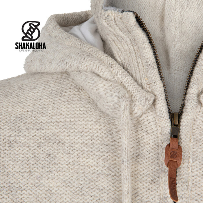 Shakaloha Shakaloha Veste en Laine Tricoté Supermodel ZH Crème beige avec Doublure en coton et Capuche détachable - Femmes - Fabriqué à la main au Népal en laine de mouton