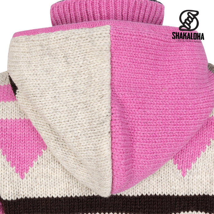 Shakaloha W Pendle ZH – handgemaakt wollen damesvest met fleecevoering, 2‑weg YKK‑voorrits en afneembare capuchon (roze/beige)