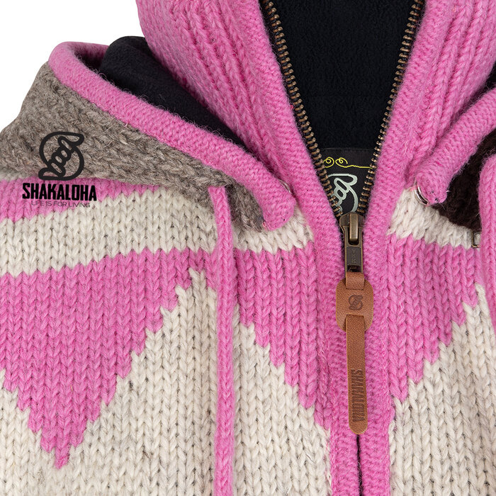 Shakaloha W Pendle ZH – handgefertigte Damen‐Wolljacke mit Fleecefutter, 2‐Wege‐YKK‐Frontreißverschluss und abnehmbarer Kapuze (Rosa/Beige)
