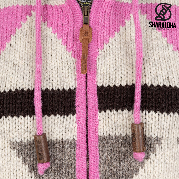Shakaloha W Pendle ZH – handgemaakt wollen damesvest met fleecevoering, 2‑weg YKK‑voorrits en afneembare capuchon (roze/beige)