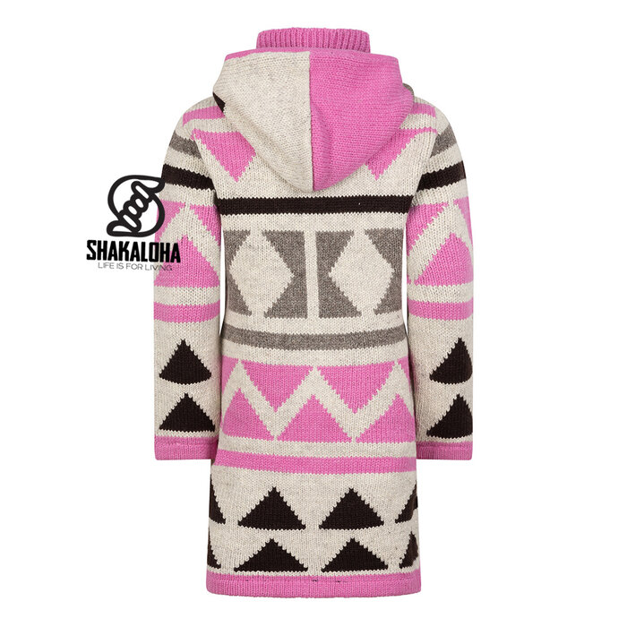 Shakaloha W Pendle ZH – handgemaakt wollen damesvest met fleecevoering, 2‑weg YKK‑voorrits en afneembare capuchon (roze/beige)