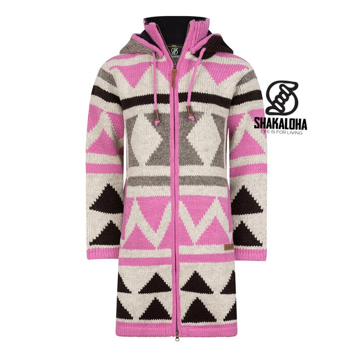Shakaloha W Pendle ZH – handgemaakt wollen damesvest met fleecevoering, 2‑weg YKK‑voorrits en afneembare capuchon (roze/beige)