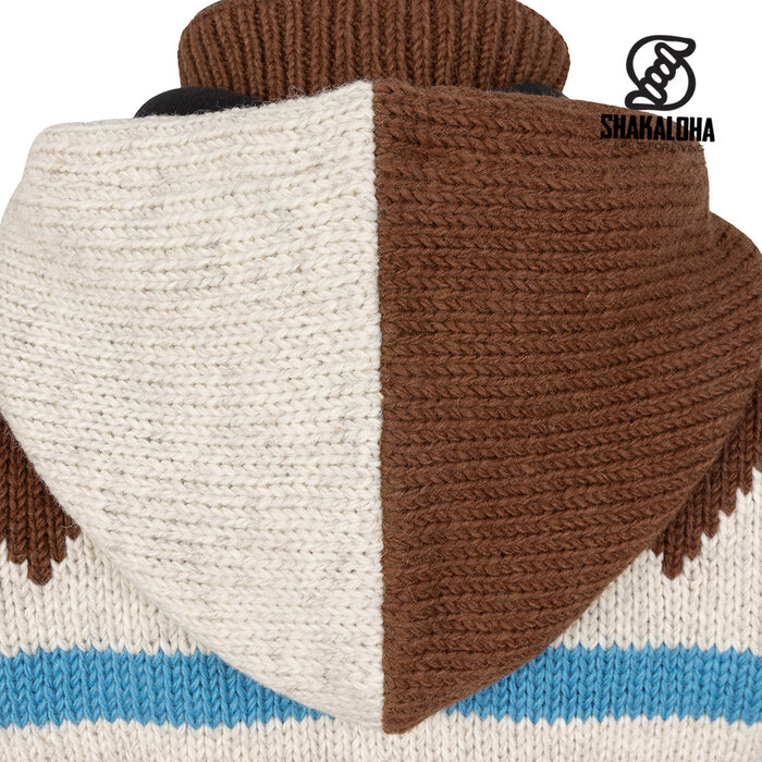 Shakaloha W Pendle ZH – handmade women’s wool coat with fleece lining, two‐way YKK front zipper and removable hood (Brown/Sky-Blue)