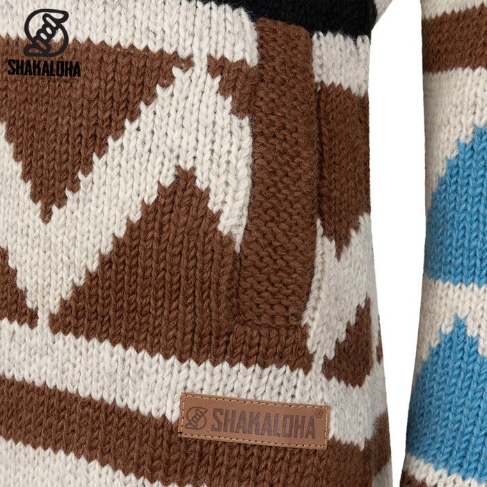 Shakaloha W Pendle ZH – handgemaakt wollen damesvest met fleecevoering, 2‑weg YKK‑voorrits en afneembare capuchon (bruin/skyblauw)