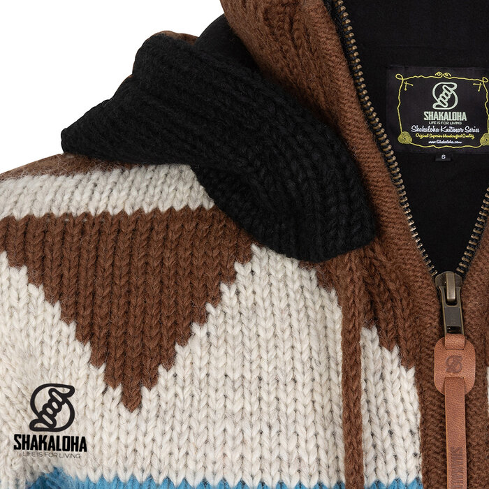 Shakaloha W Pendle ZH – Cárdigan de lana para mujer hecho a mano con forro polar, cremallera frontal YKK de dos vías y capucha desmontable (marrón/azul cielo)