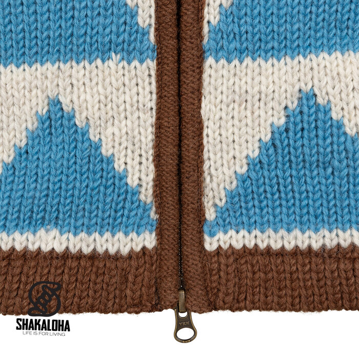 Shakaloha W Pendle ZH – handgefertigte Damen‐Wolljacke mit Fleecefutter, 2‐Wege‐YKK‐Frontreißverschluss und abnehmbarer Kapuze (Braun/Himmelblau)