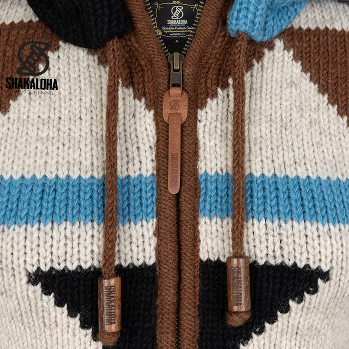 Shakaloha W Pendle ZH – handgemaakt wollen damesvest met fleecevoering, 2‑weg YKK‑voorrits en afneembare capuchon (bruin/skyblauw)