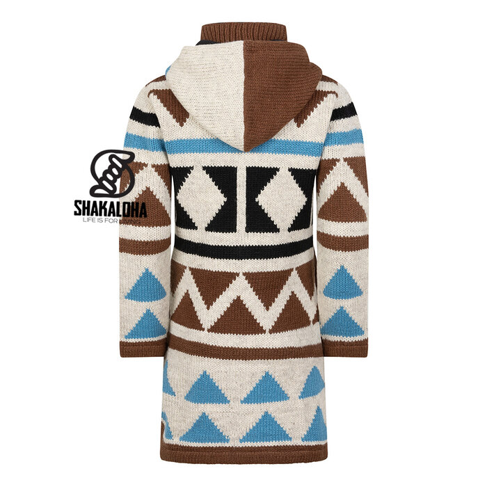 Shakaloha W Pendle ZH – handmade women’s wool coat with fleece lining, two‐way YKK front zipper and removable hood (Brown/Sky-Blue)