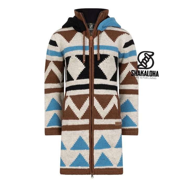 Shakaloha W Pendle ZH – manteau en laine femme fait main avec doublure polaire, fermeture YKK avant à double sens et capuche amovible (Marron/Bleu-Ciel)