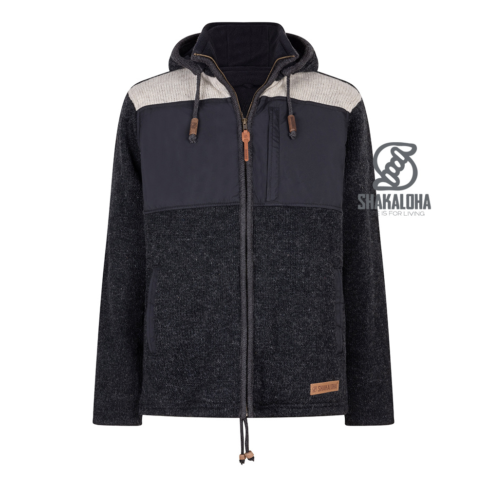 Shakaloha M Park – giacca in lana da uomo con fodera in pile, zip YKK, cappuccio staccabile e taschino sul petto (Nero/Beige)