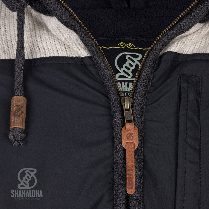 Shakaloha M Park – giacca in lana da uomo con fodera in pile, zip YKK, cappuccio staccabile e taschino sul petto (Nero/Beige)