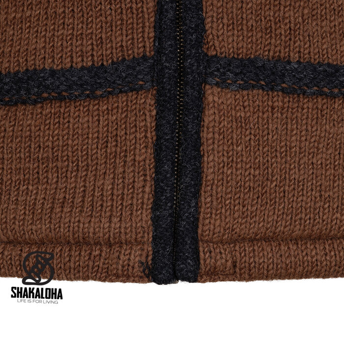 Shakaloha W Itaka CaramelAntraciet – gebreide wollen damesvest met fleecevoering, YKK frontzip, doorgestikte schouderpas, borstzak, 2 steekzakken, regular fit.