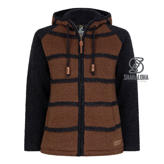 Shakaloha W Itaka KaramellAnthrazit – gestrickte Damen-Wolljacke mit Fleecefutter, YKK-Frontreißverschluss, gesteppter Schulterpasse, Brusttasche, 2 Eingrifftaschen, Regular Fit.