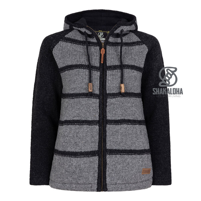 Shakaloha W Itaka GreyAnthracite – cárdigan de punto de lana para mujer con forro polar, cremallera frontal YKK, canesú acolchado en los hombros, bolsillo en el pecho, 2 bolsillos laterales, corte regular.