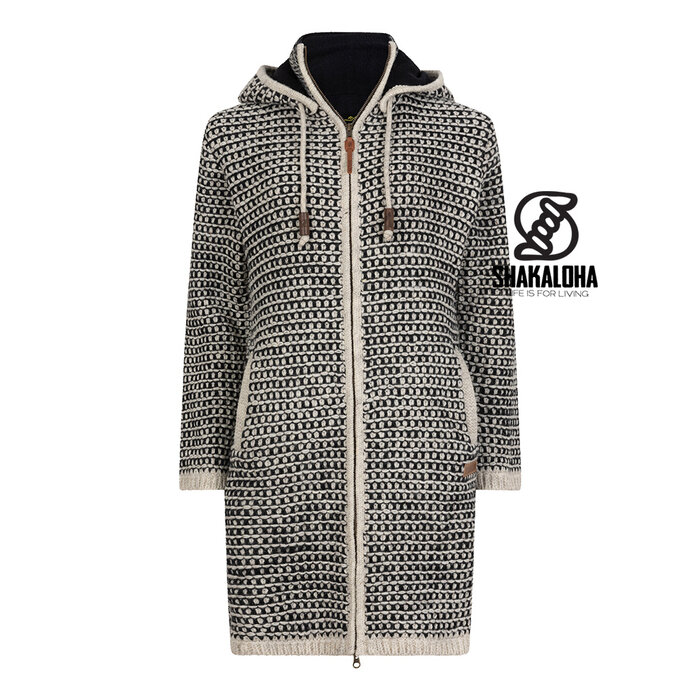 Shakaloha W Anzio Negro/Blanco – Cárdigan largo de lana para mujer, forro polar, cremallera YKK de 2 vías, capucha, bolsillo interior con cremallera, 2 bolsillos laterales, corte regular