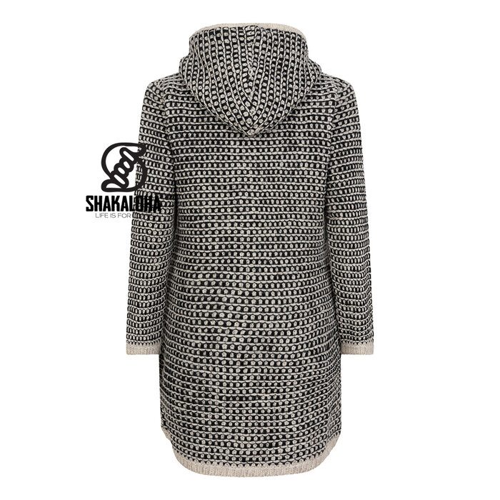 Shakaloha W Anzio Noir/Blanc – long gilet femme en laine, doublure polaire, zip YKK double, capuche, poche intérieure zippée, 2 poches, coupe regular