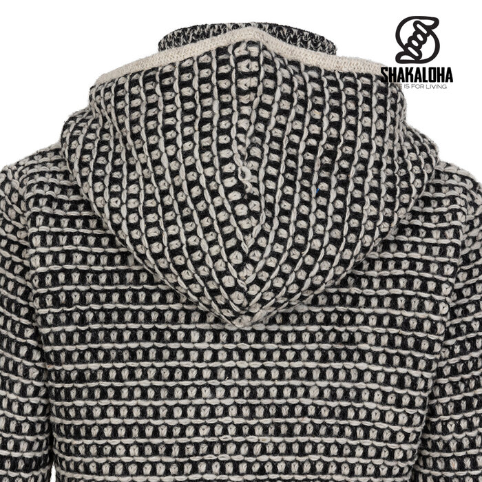 Shakaloha W Anzio Noir/Blanc – long gilet femme en laine, doublure polaire, zip YKK double, capuche, poche intérieure zippée, 2 poches, coupe regular