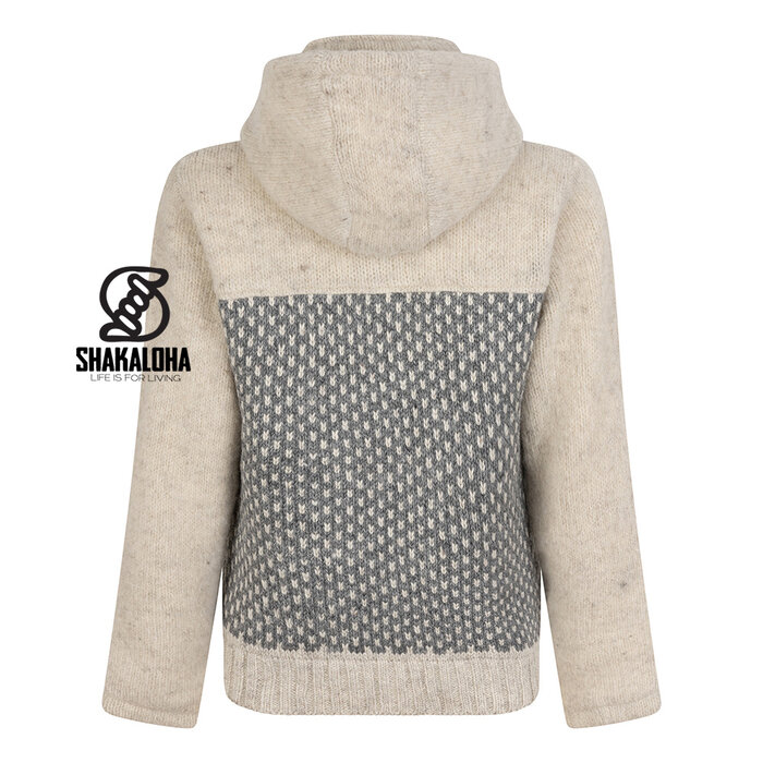 Shakaloha M Tundra Beige/Grijs – wollen herenvest met polyester fleece, YKK frontzip, afritsbare capuchon met anti-open knopje, kangoeroezak met fleecevoering + interne borstzak met rits, 2 wollen trekkoorden met houten ringen gegraveerd met Shakaloha‑logo, regular