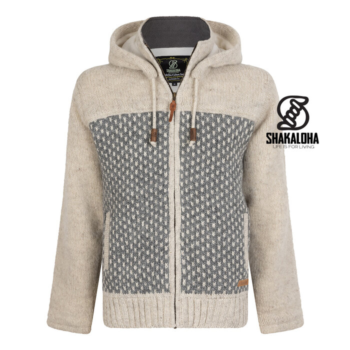 Shakaloha M Tundra Beige/Grijs – wollen herenvest met polyester fleece, YKK frontzip, afritsbare capuchon met anti-open knopje, kangoeroezak met fleecevoering + interne borstzak met rits, 2 wollen trekkoorden met houten ringen gegraveerd met Shakaloha‑logo, regular