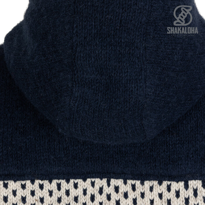 Shakaloha M Tundra Azul Oscuro/Beige – Chaleco de lana para hombre con forro polar de poliéster, cremallera frontal YKK, capucha desmontable con botón antiapertura, bolsillo tipo canguro con forro polar + bolsillo interior con cremallera en el pecho, 2 cordones de