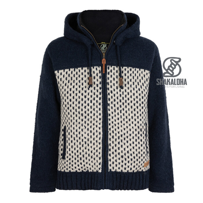 Shakaloha M Tundra Donkerblauw/Beige – wollen herenvest met polyester fleece, YKK frontzip, afritsbare capuchon met anti-open knopje, kangoeroezak met fleecevoering + interne borstzak met rits, 2 wollen trekkoorden met houten ringen gegraveerd met Shakaloha‑logo, r